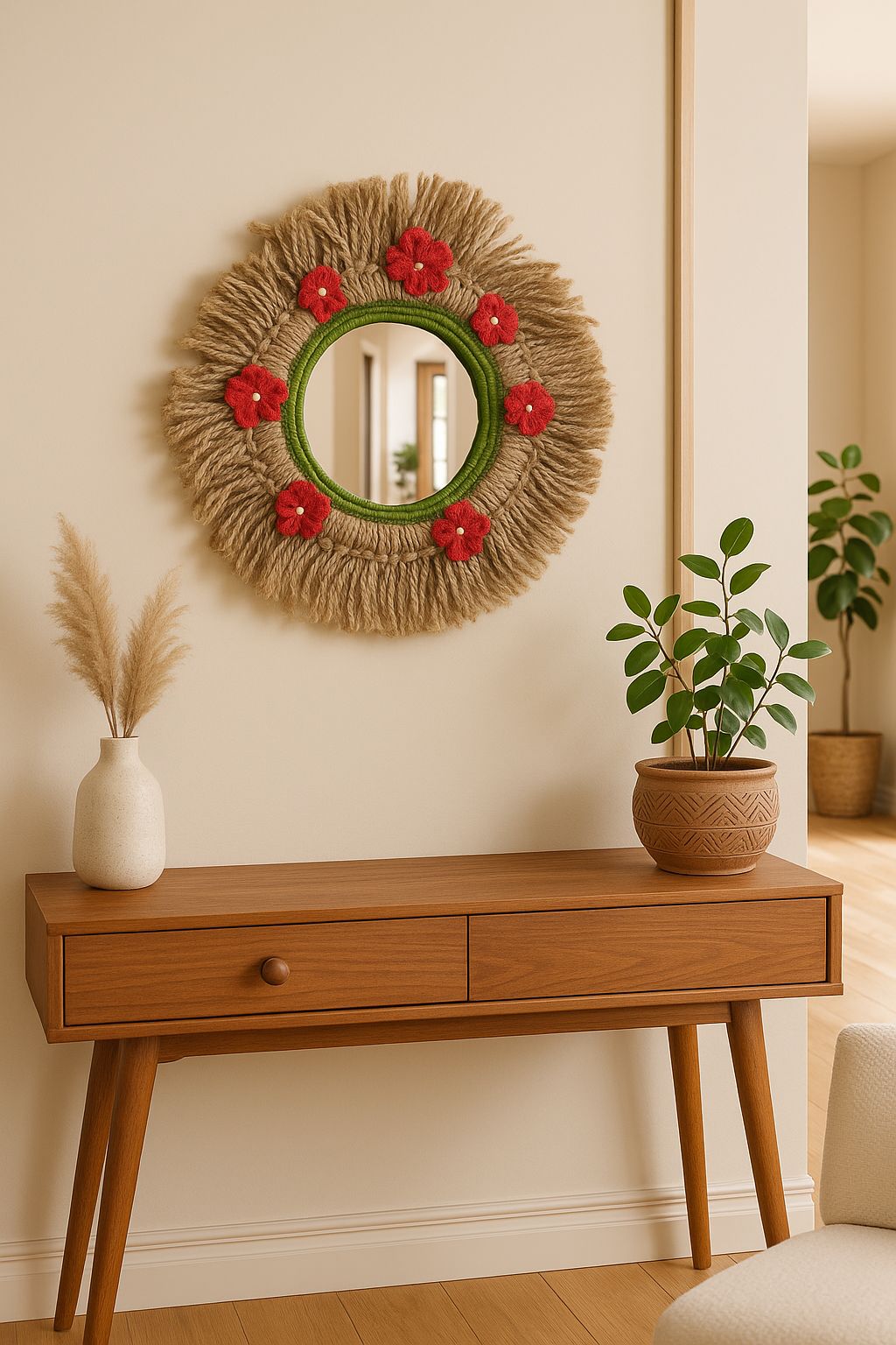 Handcrafted Jute Macrame Wall Mirror with Red Floral Accents