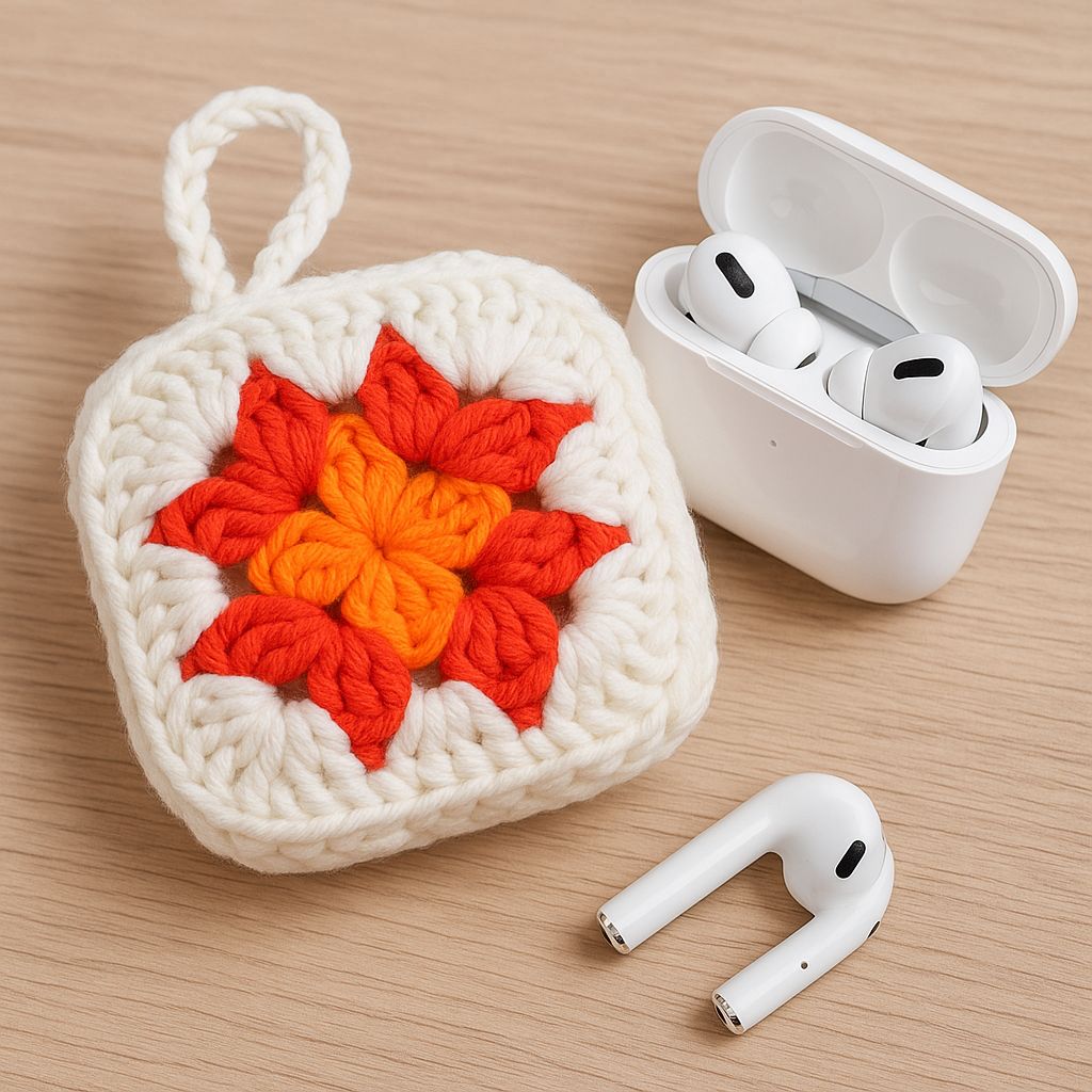 Handmade Crocheted Orange & Cream Granny Square EarPod Pouch