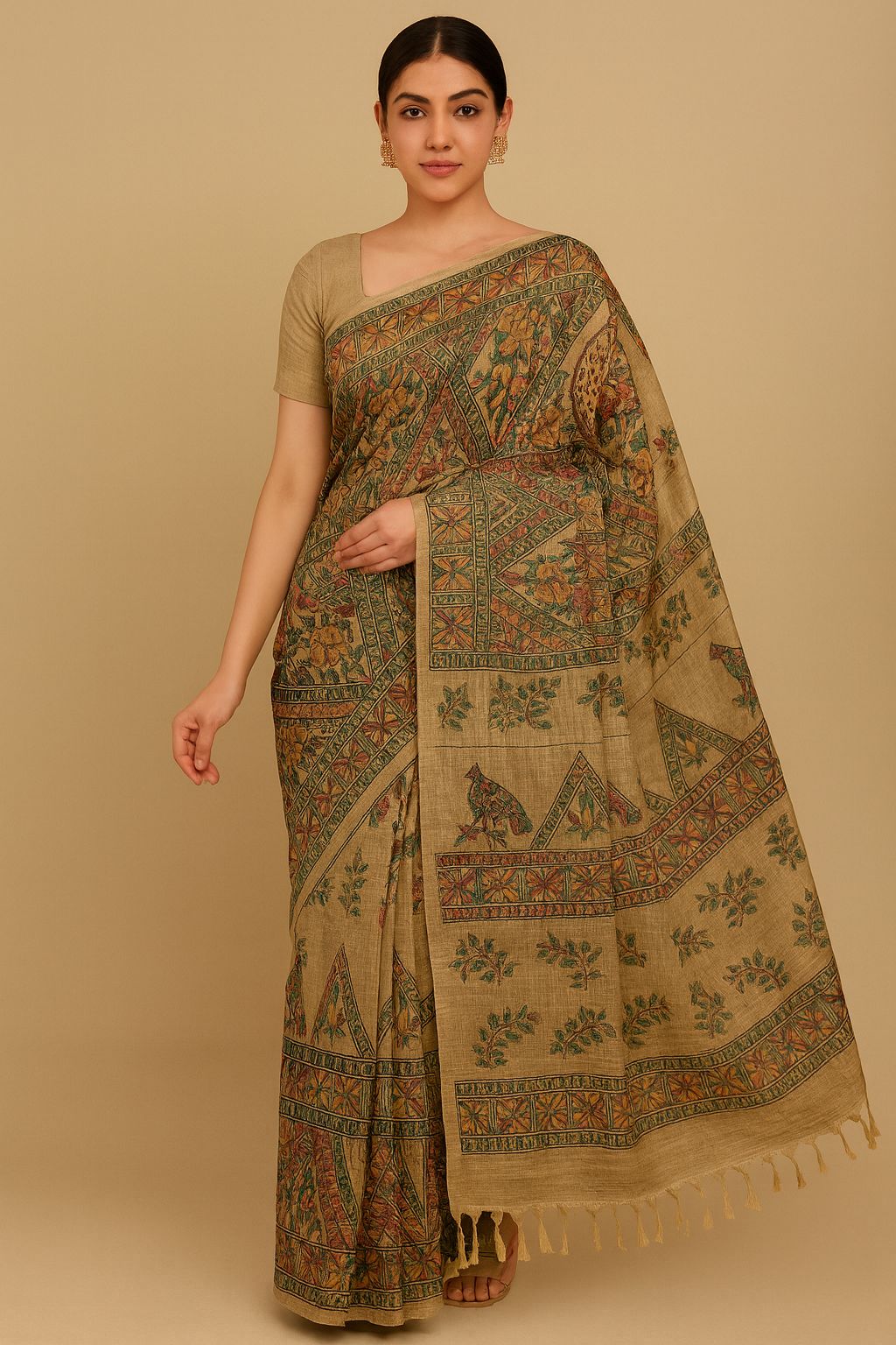 Beige Tussar Silk Saree with Kalamkari Inspired Floral & Bird Prints