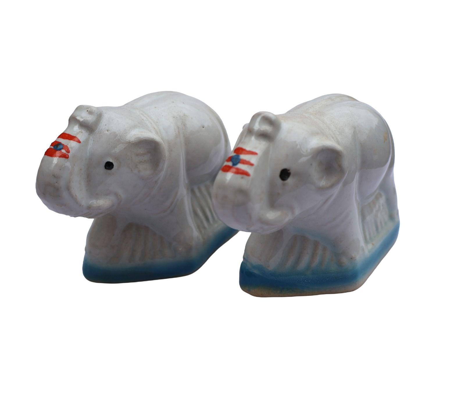 Elegant White Ceramic Elephant Figurines with Traditional Markings - Set of 2