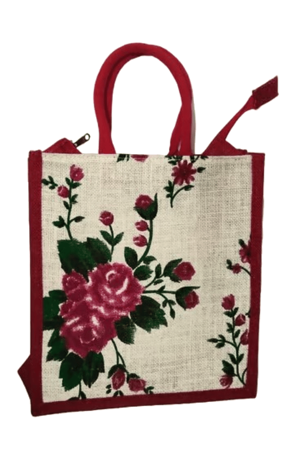 Elegant Floral Printed Red Handle Jute Tote Bag with Zipper