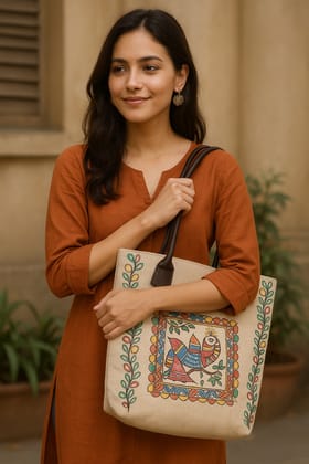 Hand-Painted Madhubani Art Beige Canvas Tote Bag with Faux Leather Handles
