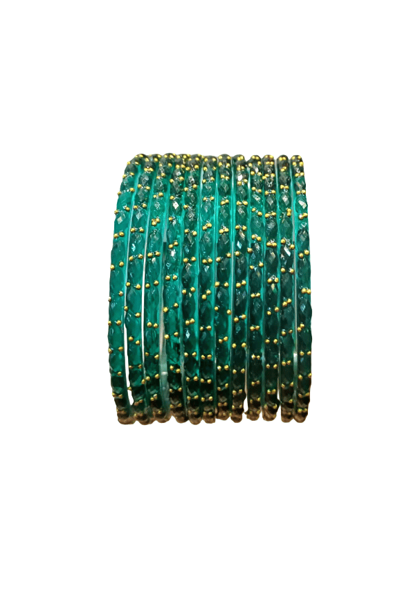 Elegant Emerald Green Faceted Bangles with Gold Accents Set