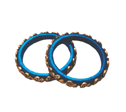 Elegant Blue Silk Thread Bangles with Gold Embellishments (Pair)