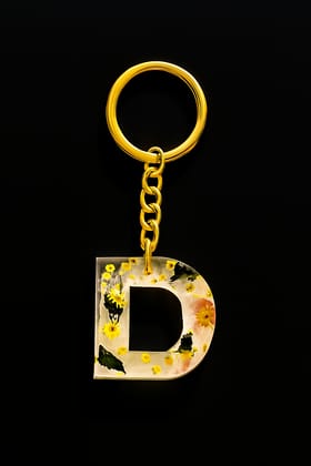 Personalized Resin Initial 'D' Keychain with Dried Yellow Flowers & Gold Plating Personalized Resin Initial 'D' Keychain with Dried Yellow Flowers & Gold Plating