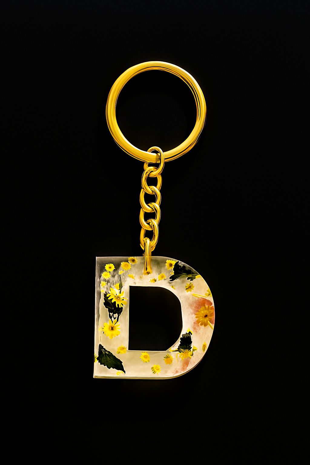 Personalized Resin Initial 'D' Keychain with Dried Yellow Flowers & Gold Plating