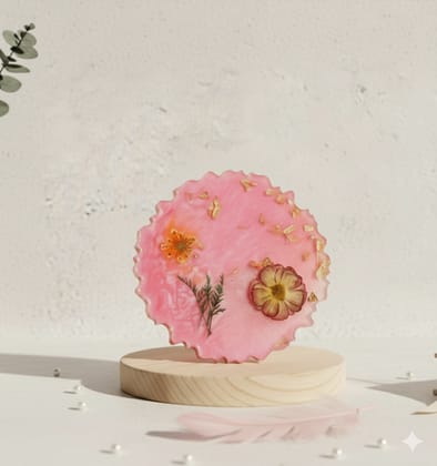 Artisanal Pink Resin Coaster with Dried Botanicals & Gold Flakes Artisanal Pink Resin Coaster with Dried Botanicals & Gold Flakes