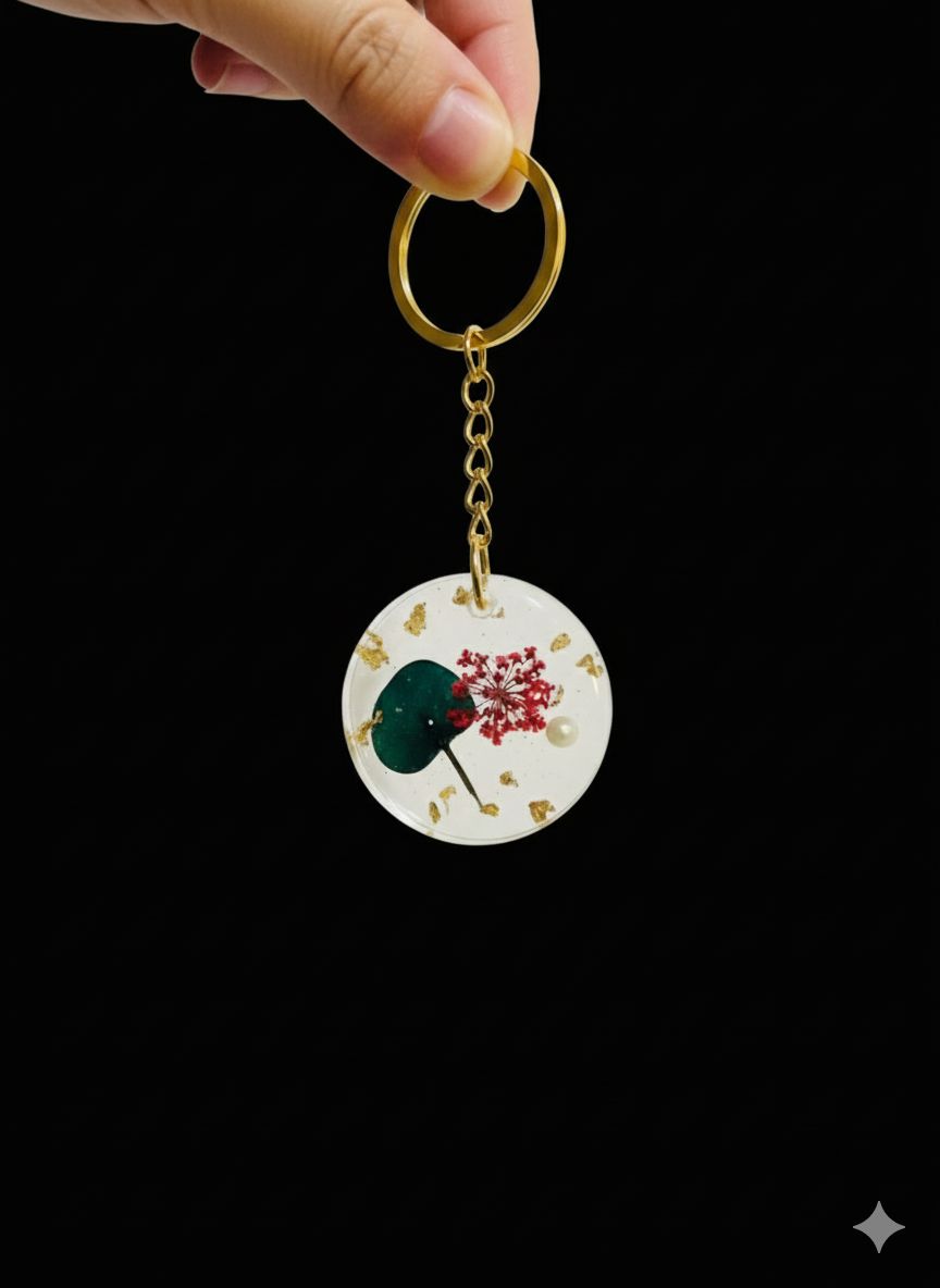 Handcrafted Resin Keychain with Dried Flowers, Gold Flakes & Pearl Accent