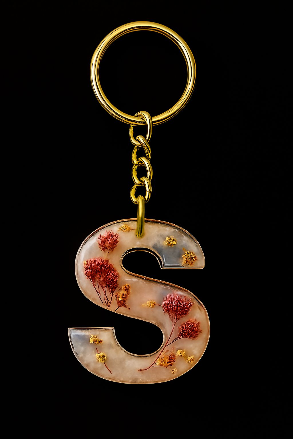 Personalized Initial 'S' Resin Keychain with Dried Flowers & Gold Flakes