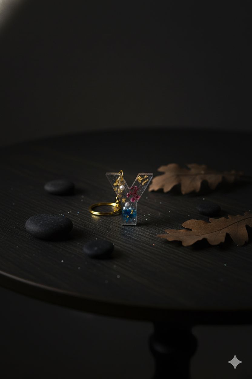 Personalized Resin Initial 'Y' Keychain with Dried Flowers & Gold Flakes