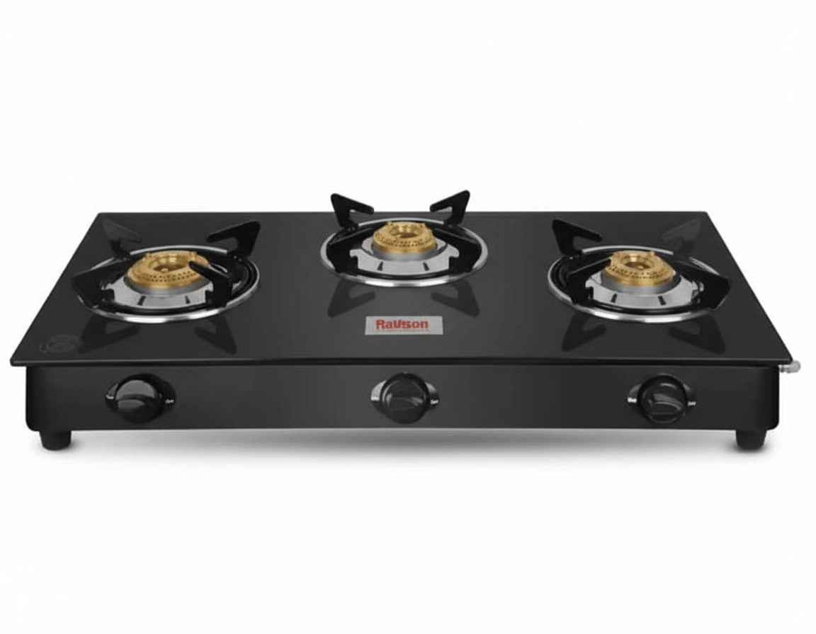 Rallison 3 Burner Gas Stove Glass Top Manual Ignition with ISI Certified Brass Burners and Toughened Glass Top, Black