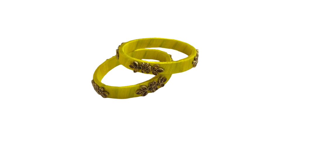 Vibrant Yellow Thread-Wrapped Bangles with Antique Floral Embellishments (Pair)