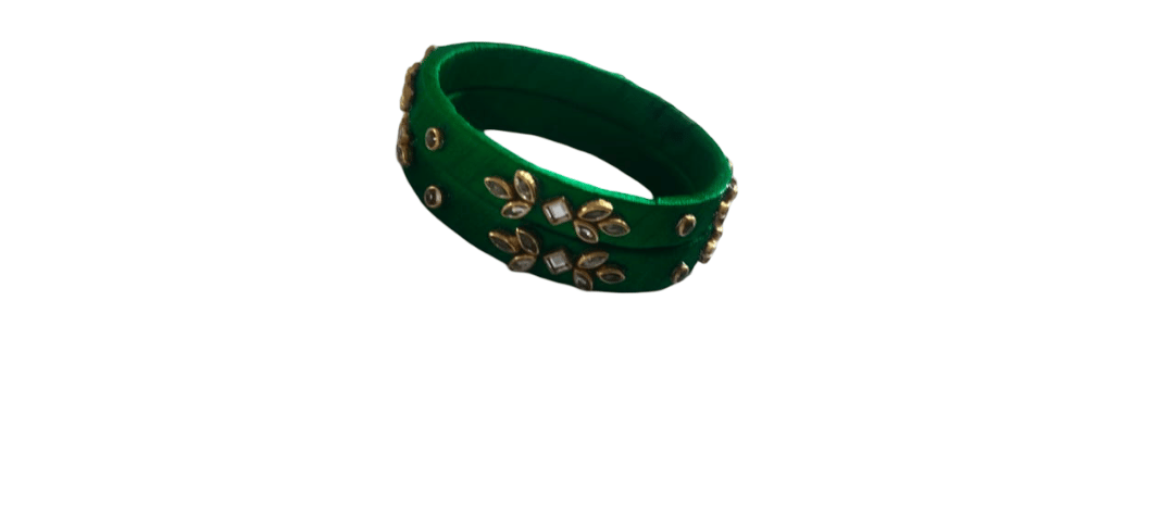 Emerald Green Silk Thread Bangles with Kundan Stone Work (Pair)