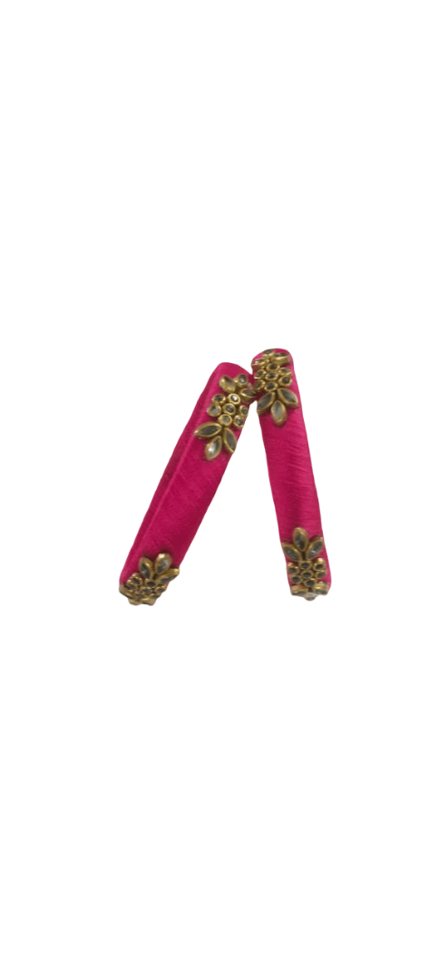 Traditional Pink Silk Thread Bangles with Stone & Kundan Embellishments (Pair)