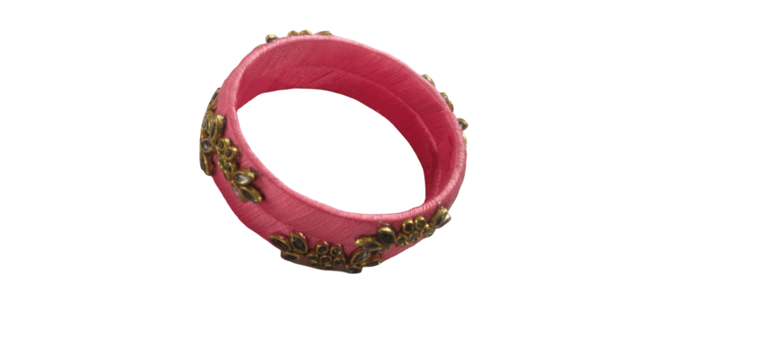 Pink Thread Work Bangle with Gold-Toned Embellishments