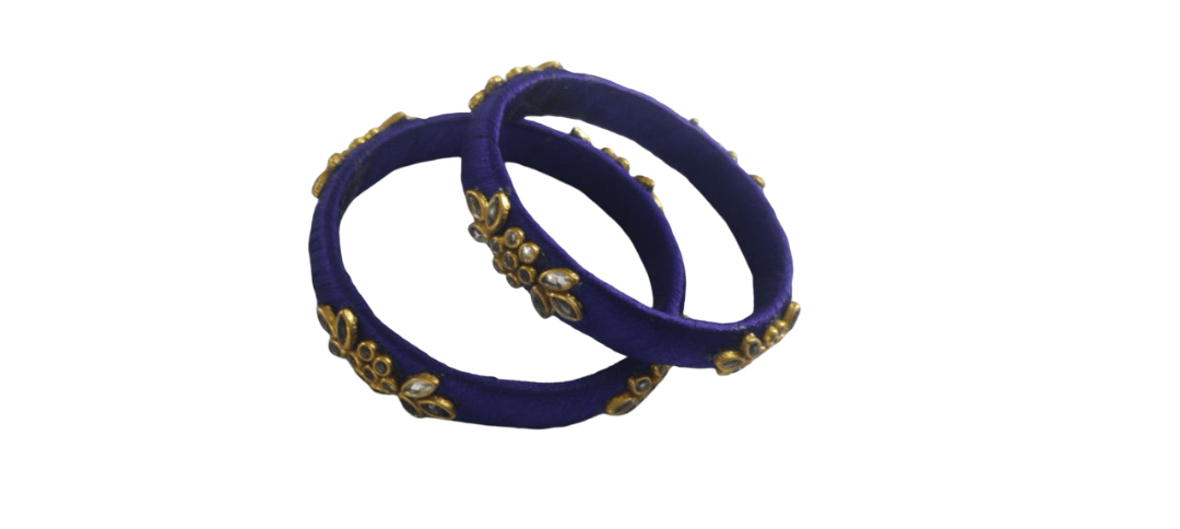 Elegant Purple Thread Bangle Set with Kundan Stone & Gold Plated Embellishments for Women