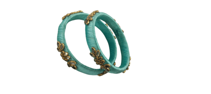 Turquoise Thread Work Bangles with Kundan Embellishments (Set of 2)