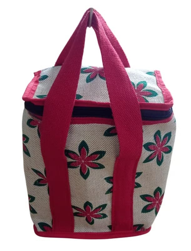 Floral Pattern Jute Tote Bag with Red Straps - Multipurpose Lunch bag