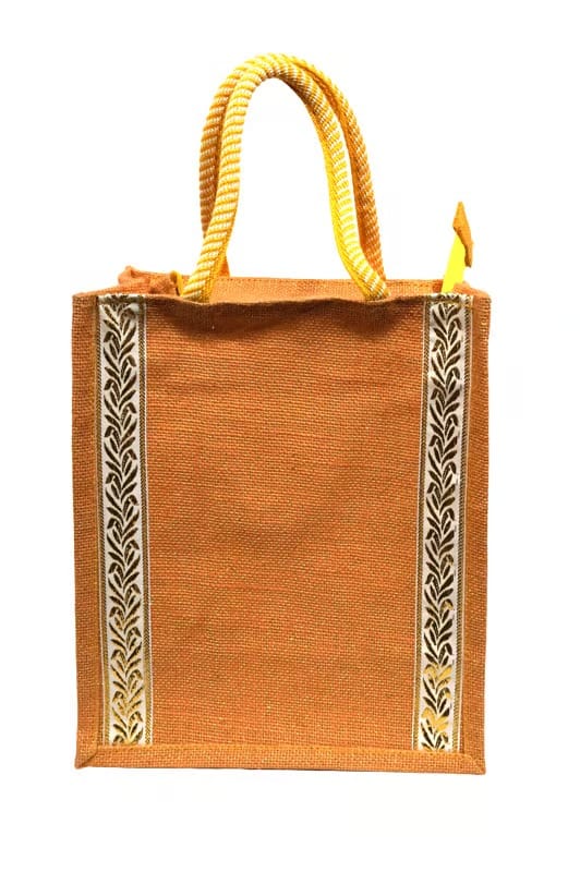 Eco-Friendly Orange Jute Tote Bag with Golden Leafy Embroidery & Rope Handles