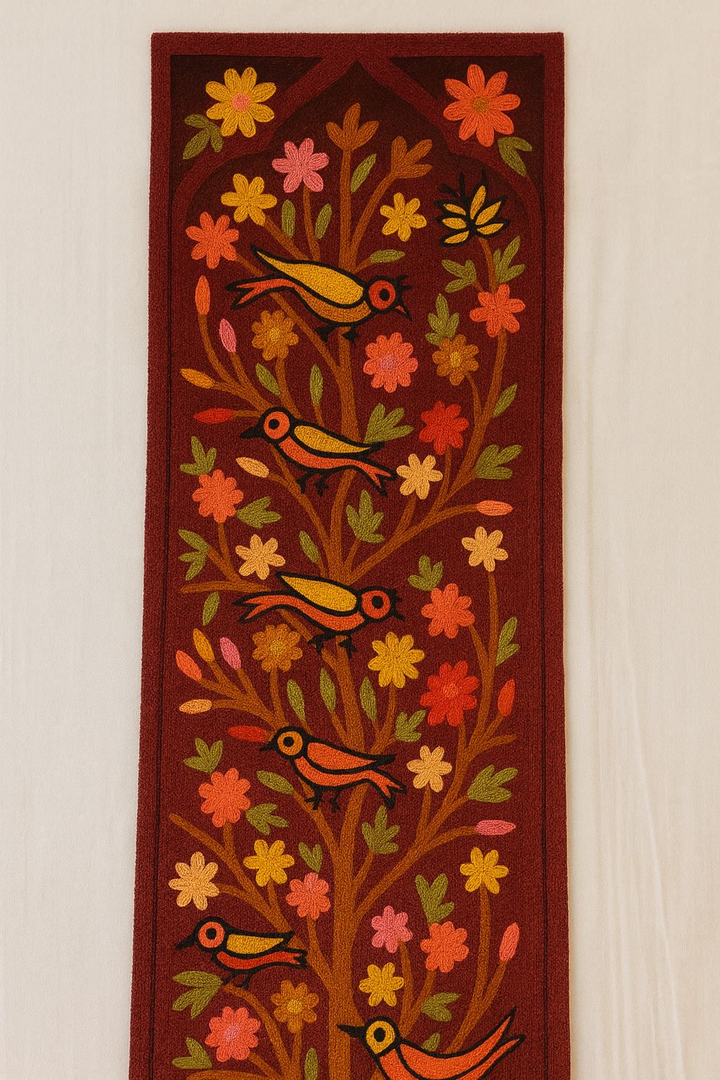 Artisanal Embroidered Tree of Life Maroon Decorative Runner
