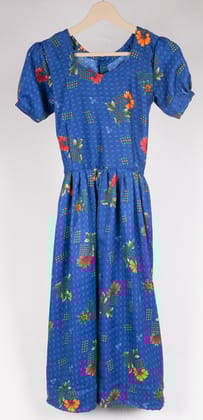 Women's Floral Printed Blue Puffed Sleeve Midi Dress