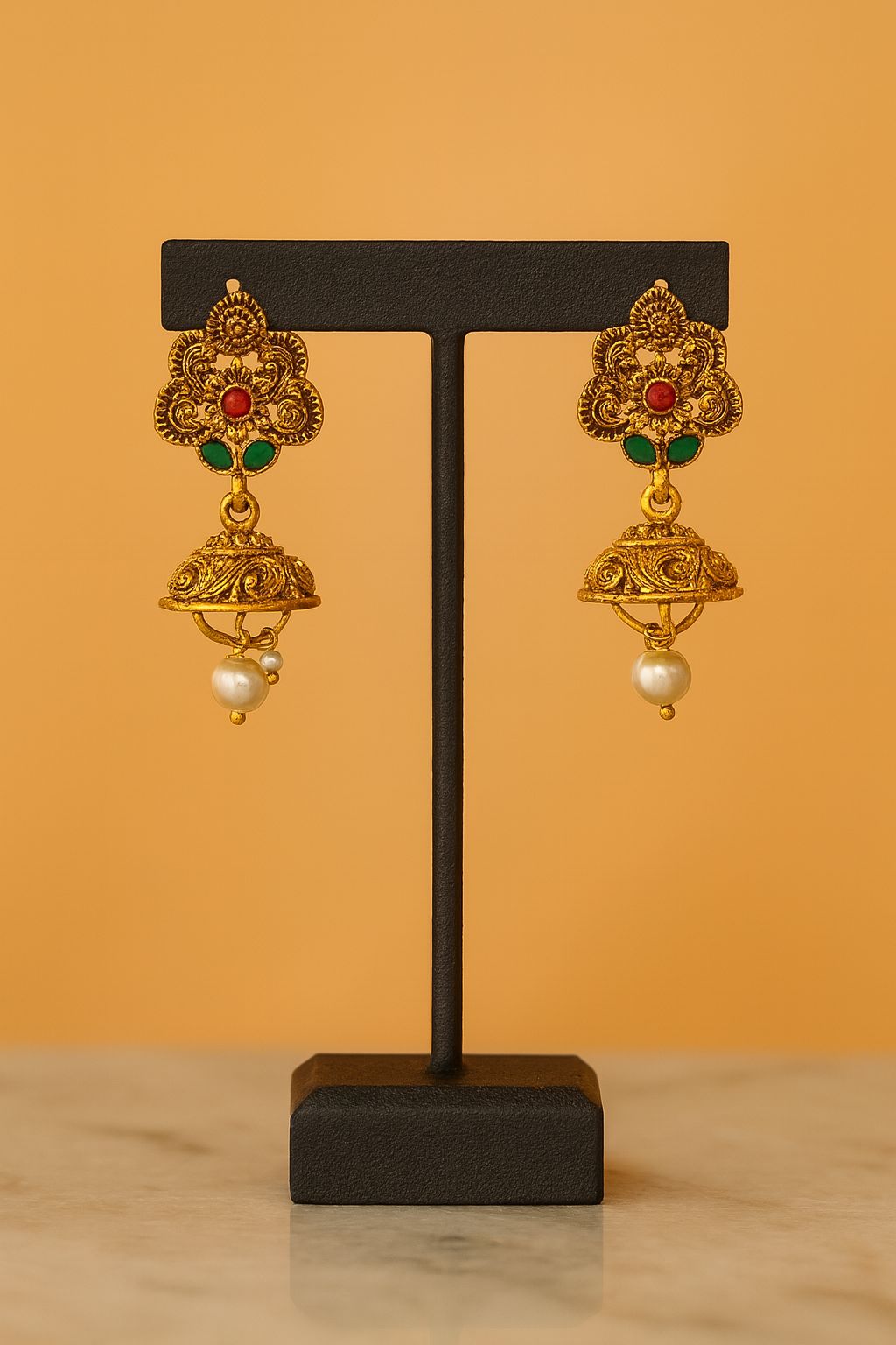 Traditional Golden Jhumka Earrings with Red Green Stones & Pearl Drop