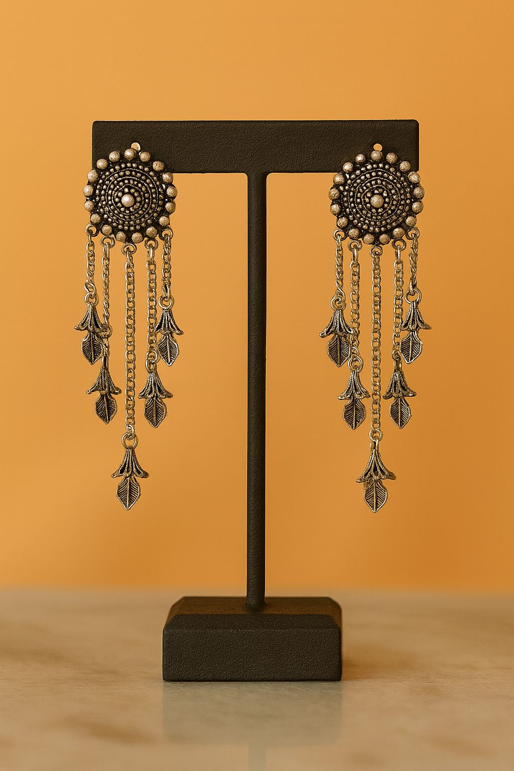 Oxidized German Silver Dangle Earrings with Leaf Charms