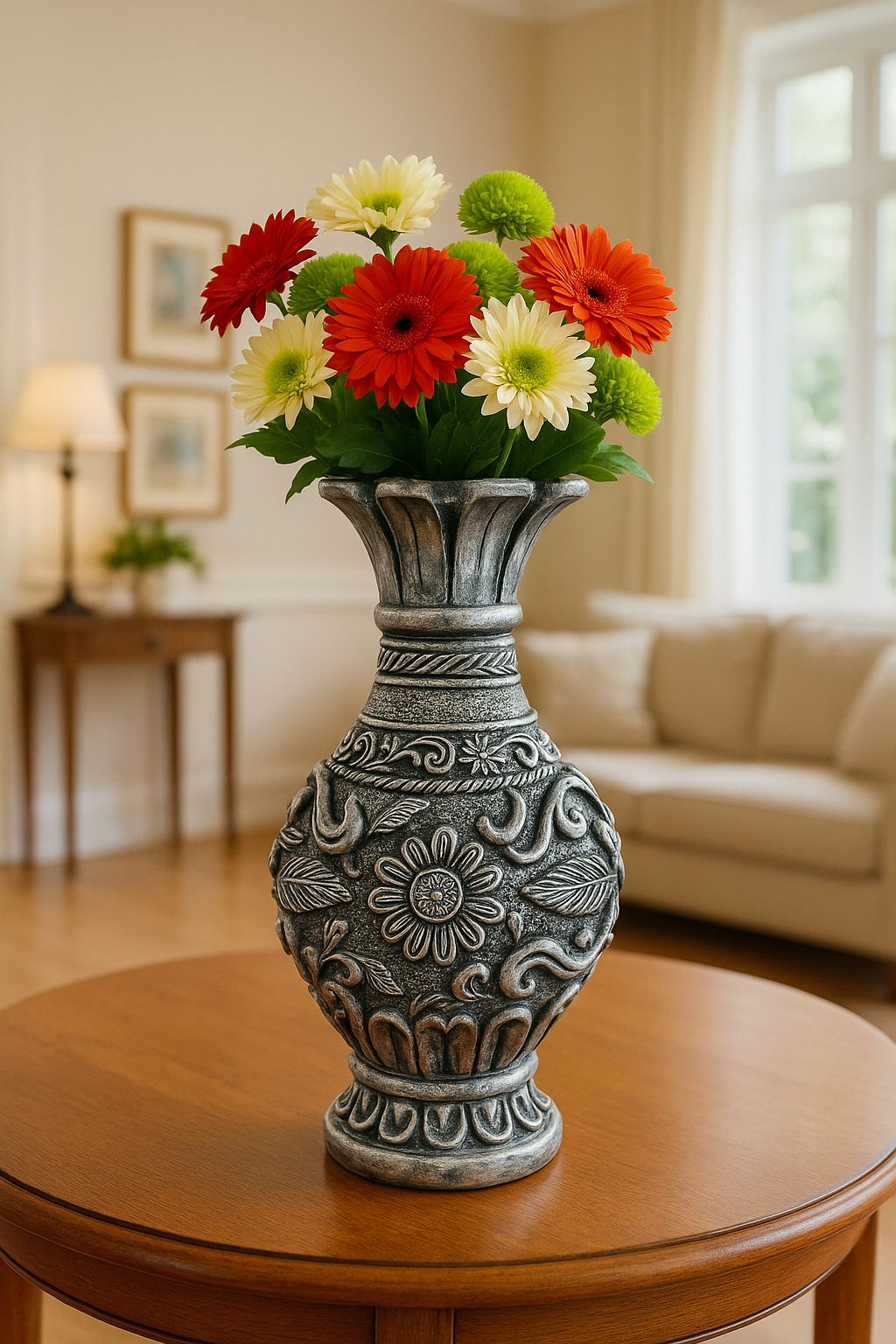 Handcrafted Silver Embossed Floral Decorative Vase