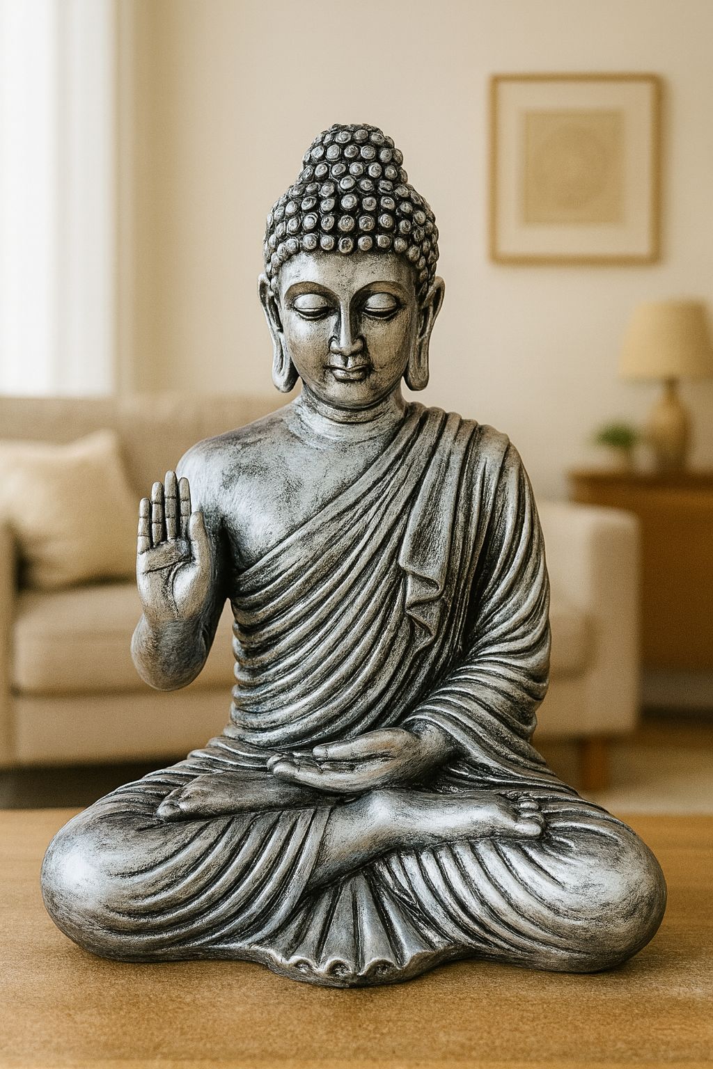 Silver Finish Meditating Buddha Statue for Home Decor & Peace
