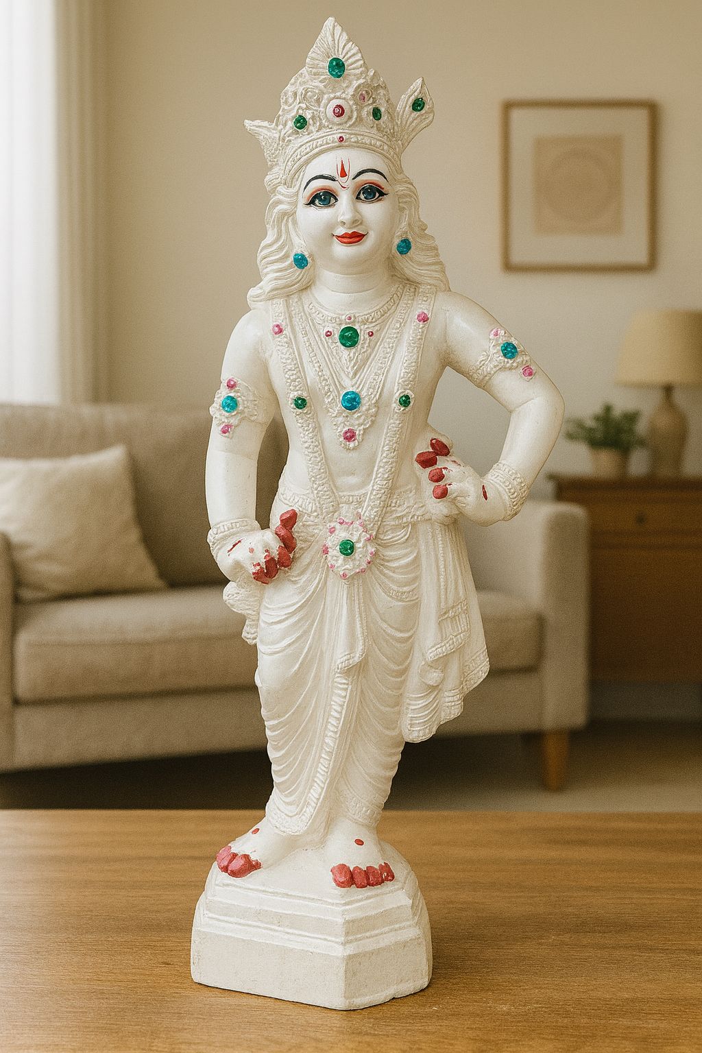 Exquisite Bal Krishna / Laddu Gopal Idol - White Resin Statue with Gemstone Embellishments