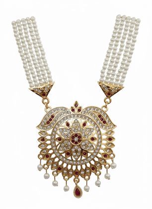 Elegant Gold Plated Red Stone & Pearl Dangler Rani Haar with Earrings Elegant Gold Plated Red Stone & Pearl Dangler Rani Haar with Earrings
