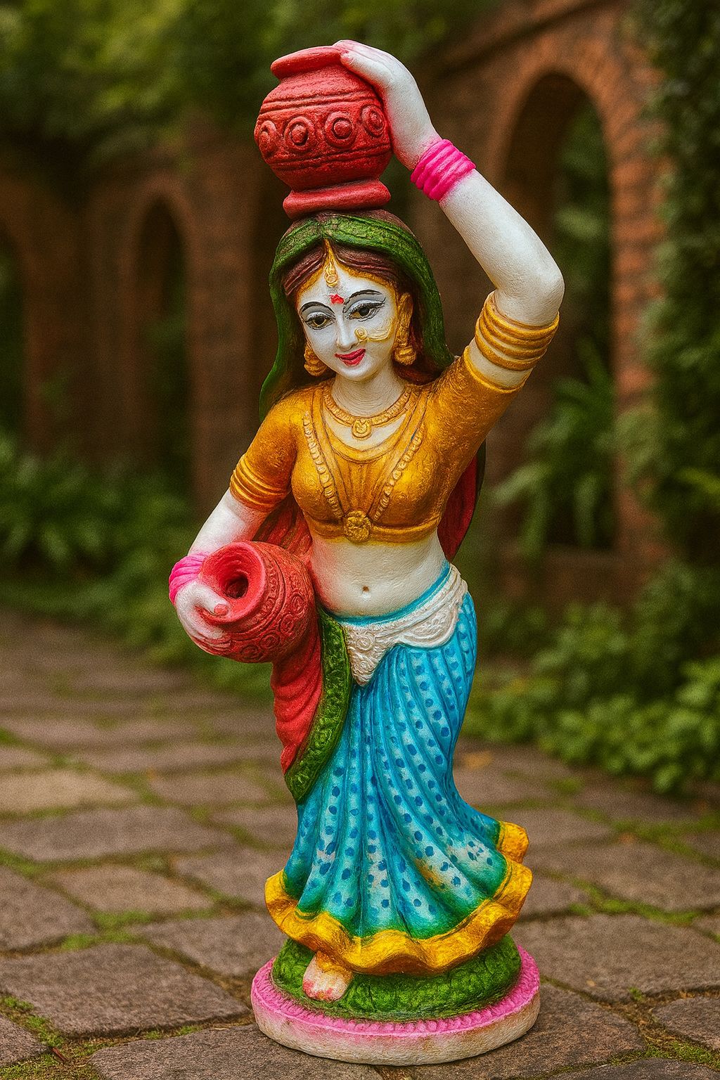 Hand-Painted Traditional Indian Woman Statue with Water Pots - Folk Art Home Decor