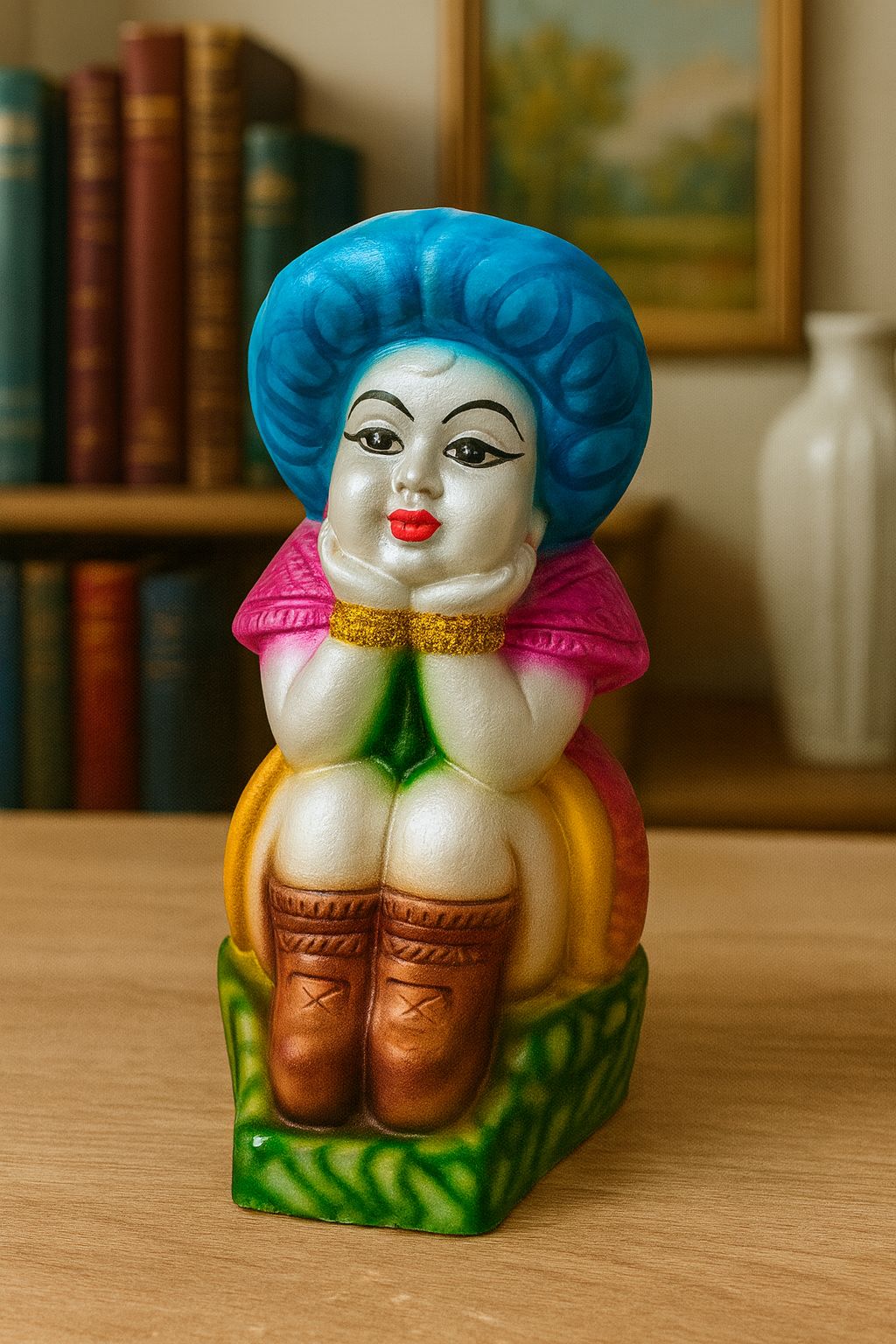 Vibrant Seated Lady Figurine with Blue Hair | Handcrafted Decorative Showpiece