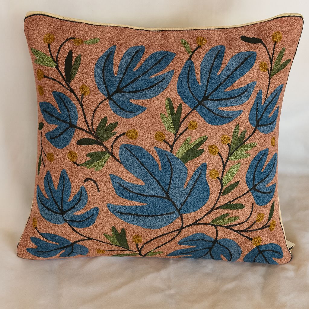 Embroidered Blue Leaf & Peach Botanical Throw Cushion Cover