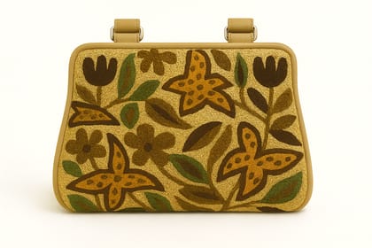 Embroidered Floral Gold Clutch Handbag with Frame Closure