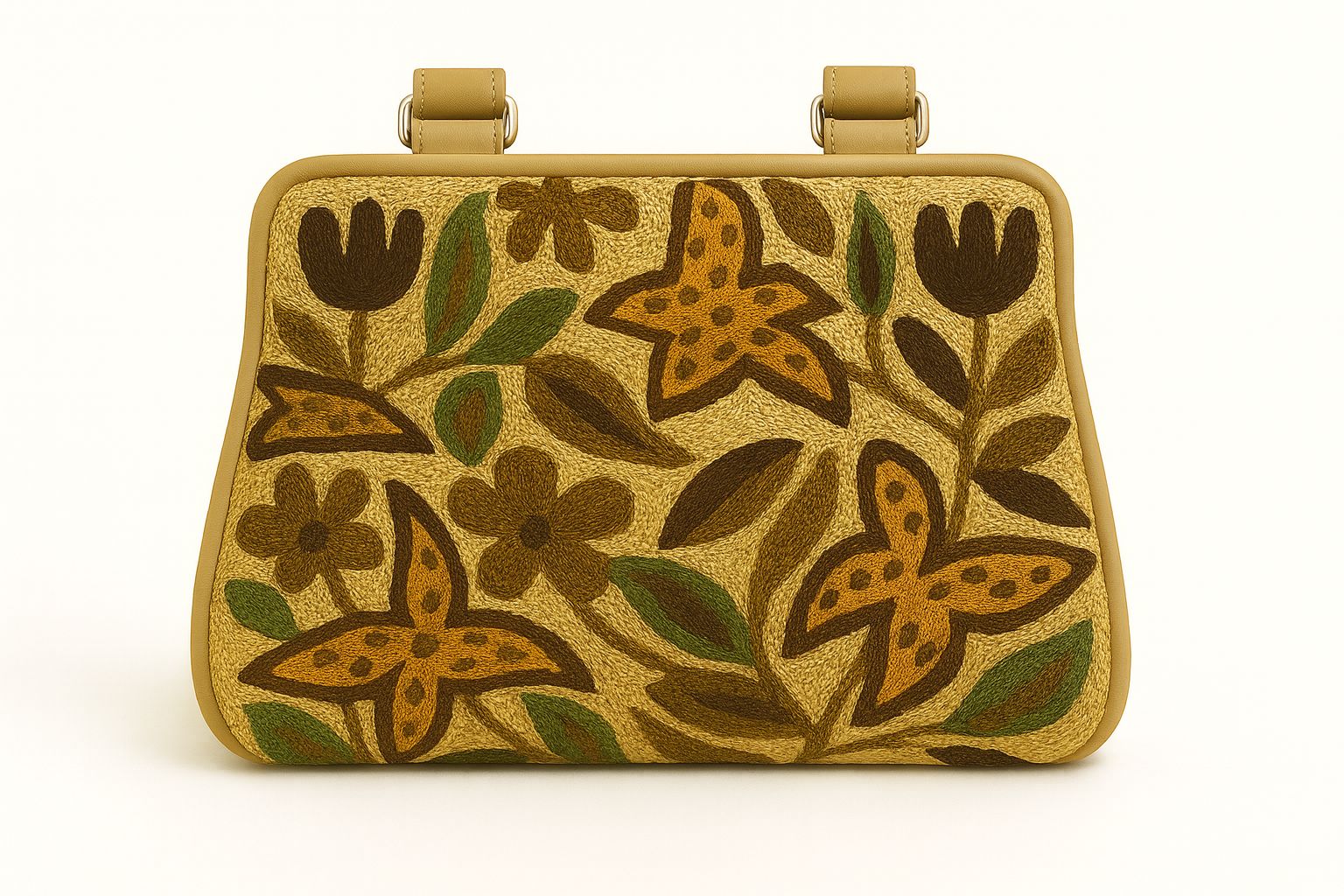 Embroidered Floral Gold Clutch Handbag with Frame Closure