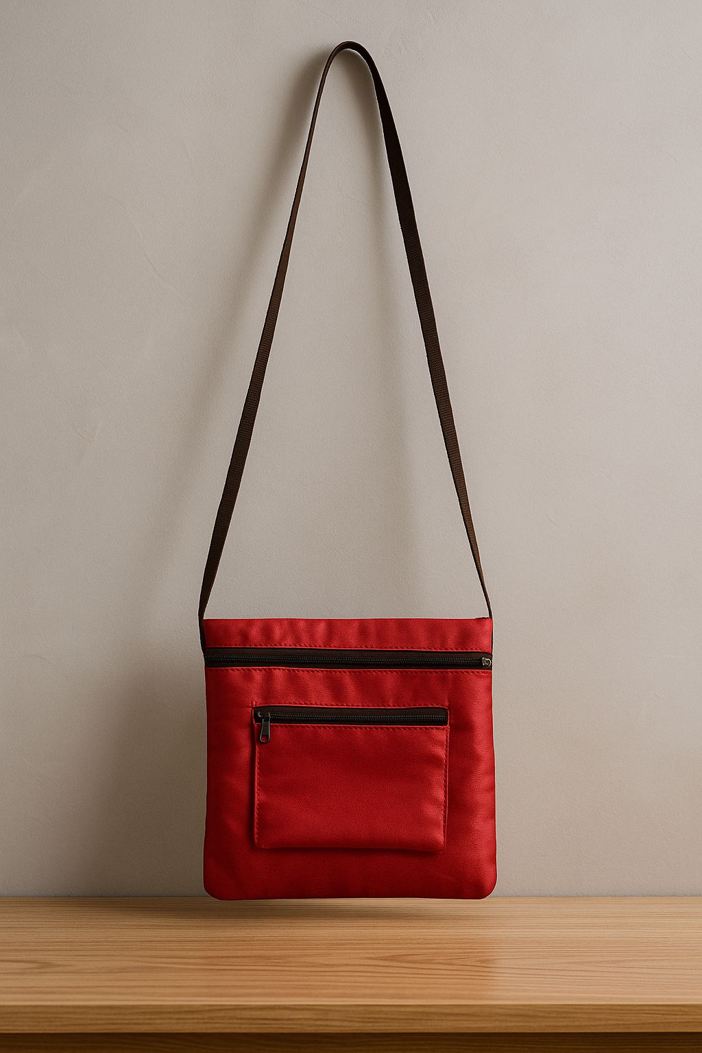 Stylish Red Crossbody Sling Bag with Multiple Zippers