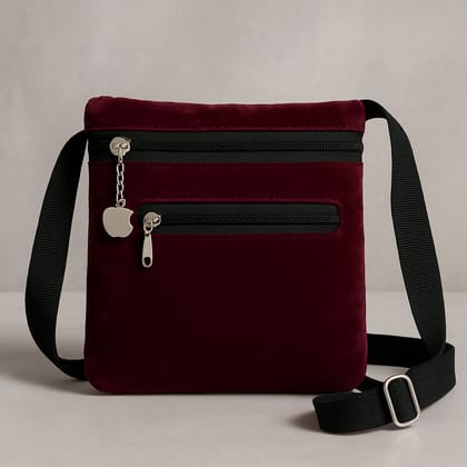 Chic Maroon Velvet Crossbody Bag with Multiple Pockets and Adjustable Strap Chic Maroon Velvet Crossbody Bag with Multiple Pockets and Adjustable Strap