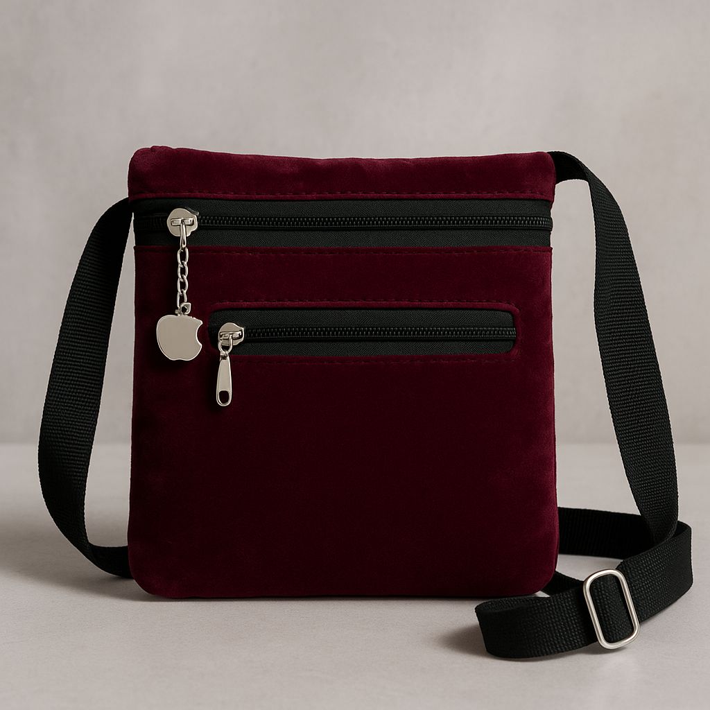 Chic Maroon Velvet Crossbody Bag with Multiple Pockets and Adjustable Strap