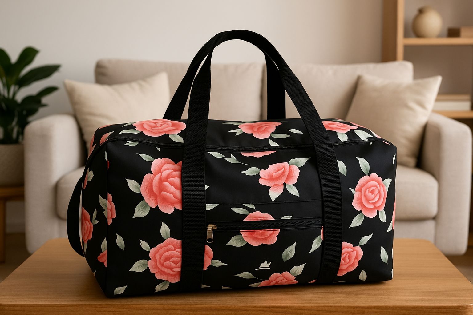Black Floral Print Travel Duffel Bag with Pink Roses