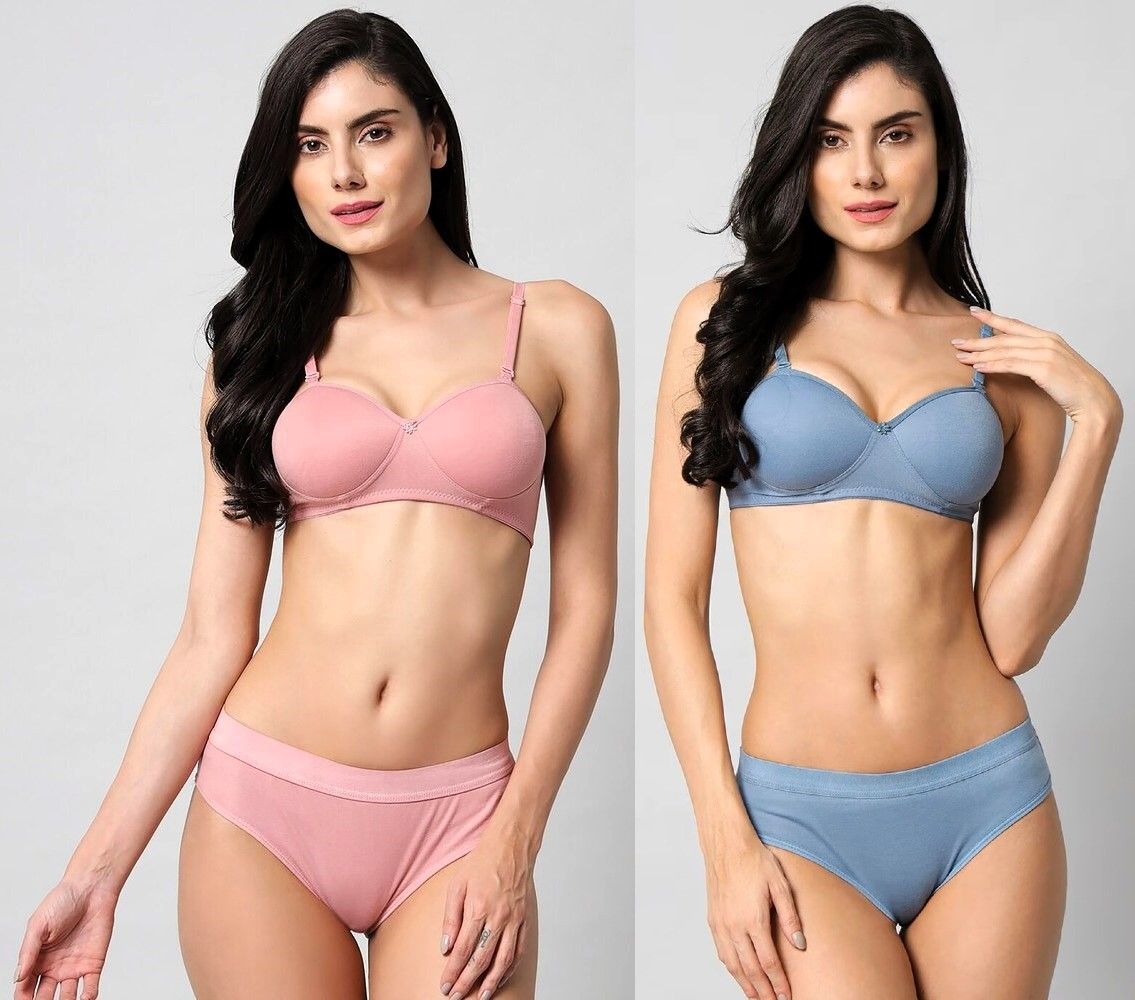Women's B Cup Padded Everyday Bra & Panty Set - Pink & Blue