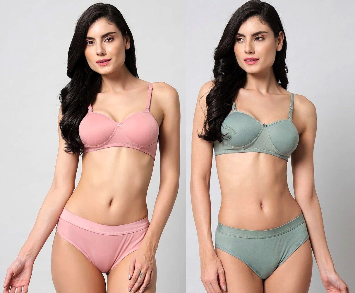 Women's B Cup Padded Cotton Blend Bra & Panty Lingerie Set - Pack of 2 Pink & Green