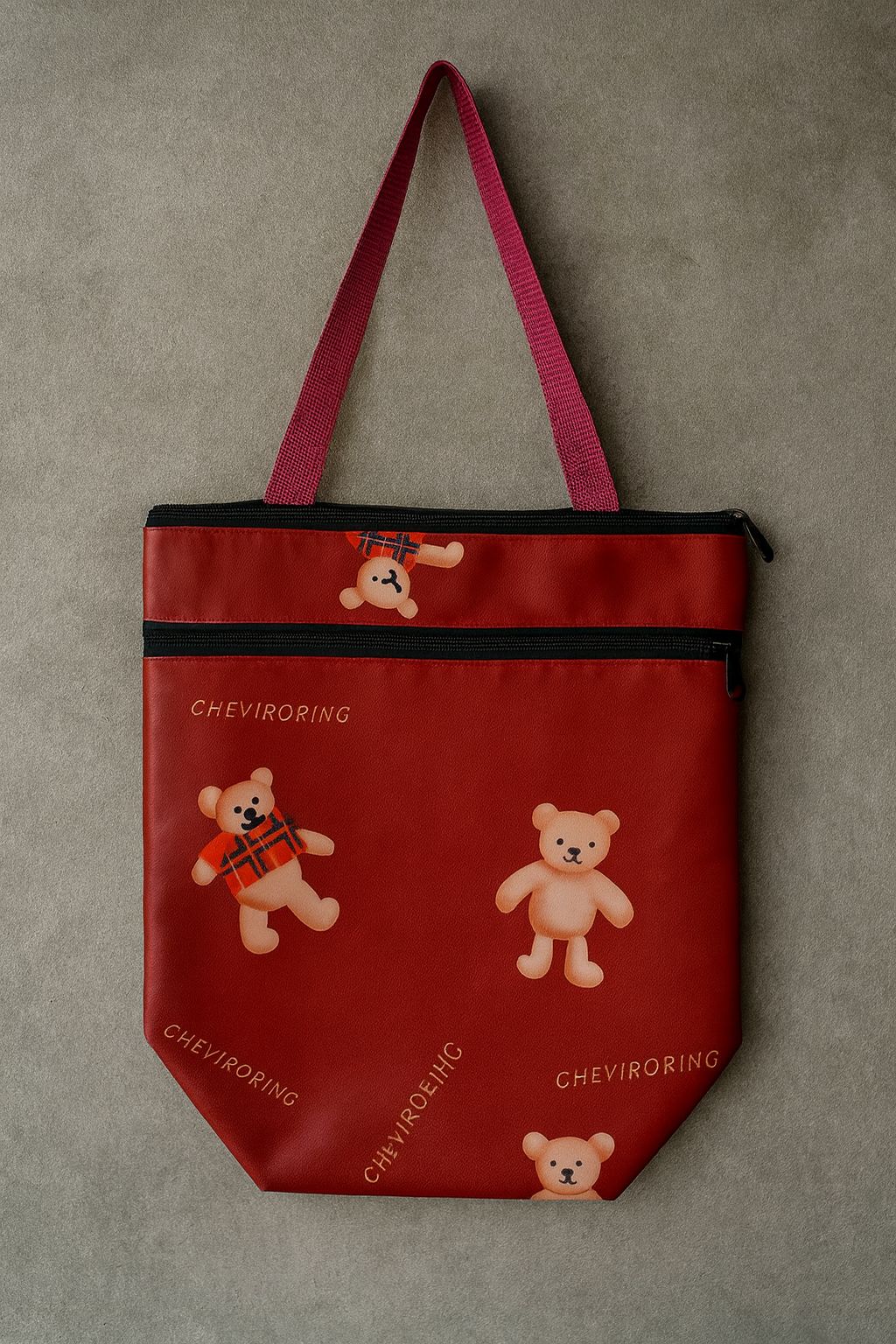 CHEYUBIANG Teddy Bear Print Red Zipper Tote Bag for Women