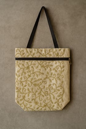 Elegant Embroidered Poly Silk Tote Bag with Gold Vine Design Elegant Embroidered Poly Silk Tote Bag with Gold Vine Design