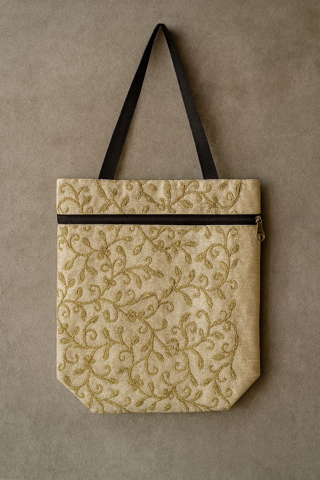 Elegant Embroidered Poly Silk Tote Bag with Gold Vine Design
