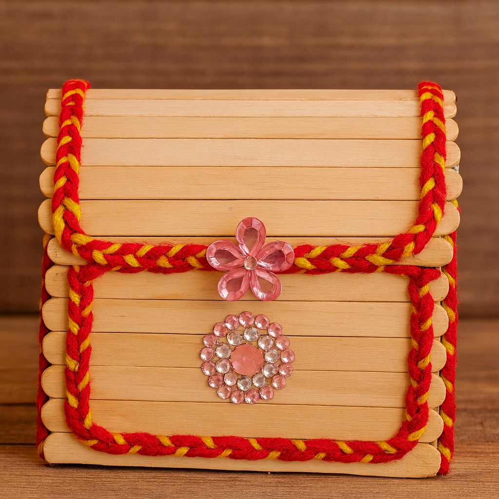 Handcrafted Popsicle Stick Decorative Box with Floral Embellishments & Braided Trim