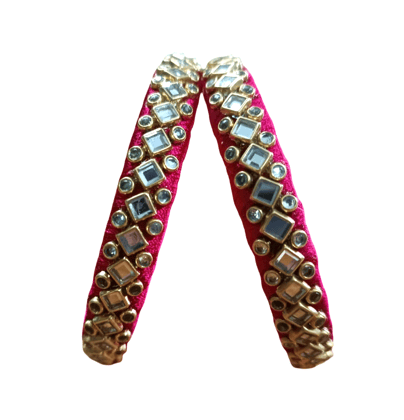 Elegant Fuchsia Thread Work Bangles with Mirror and Stone Embellishments (Pair)