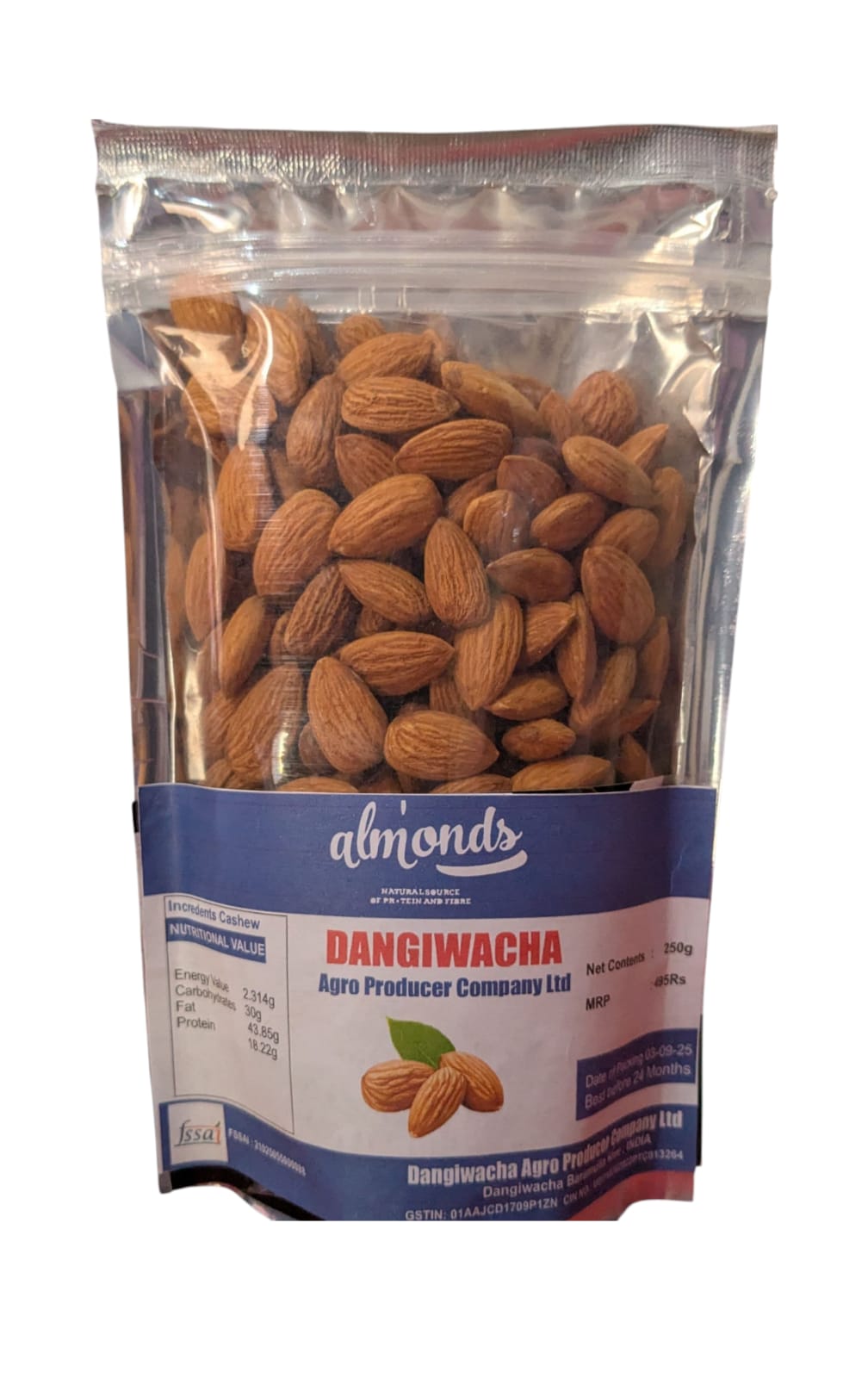 DANGIWACHA Almonds Pouch - Natural Source of Protein & Fibre 250g