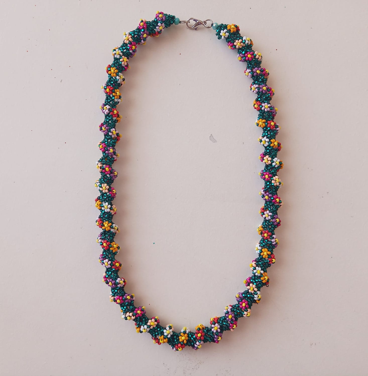 Handcrafted Multi-Color Beaded Floral Necklace - Green Base