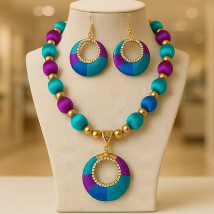 Multicolor Silk Thread Beaded Necklace & Hoop Earrings Set for Women Multicolor Silk Thread Beaded Necklace & Hoop Earrings Set for Women